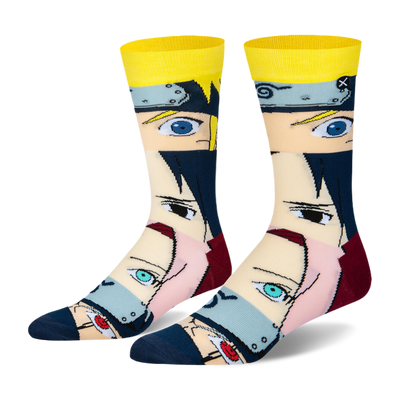 Crew socks with stacked close-ups of 4 Naruto character faces, featuring a bright yellow cuff, maroon heel, and blue toe.