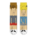 Front flat view of mismatched crew socks featuring Beavis on the right and Butthead on the left with color blocks.