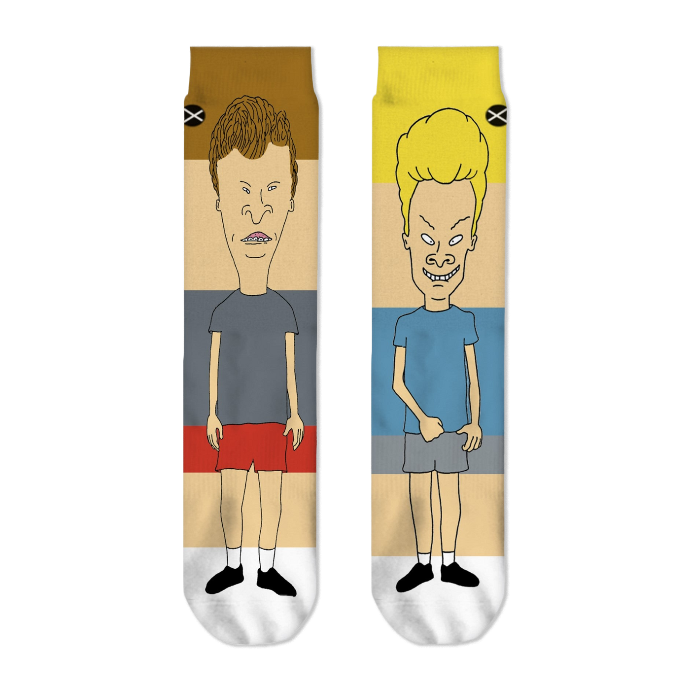 Front flat view of mismatched crew socks featuring Beavis on the right and Butthead on the left with color blocks.