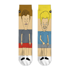 Front flat view of mismatched crew socks featuring Beavis on the right and Butthead on the left with color blocks.