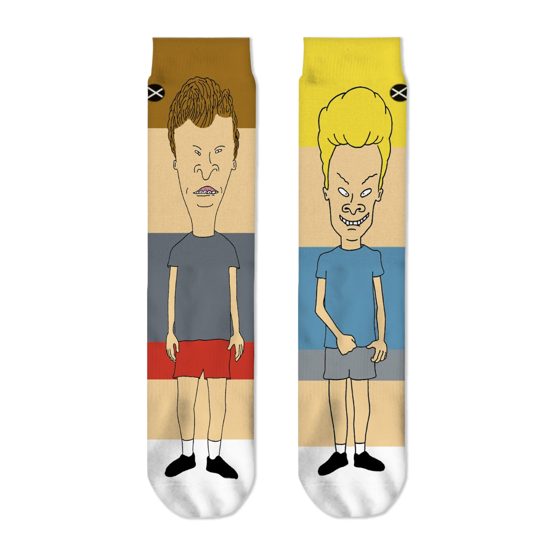 Front flat view of mismatched crew socks featuring Beavis on the right and Butthead on the left with color blocks.