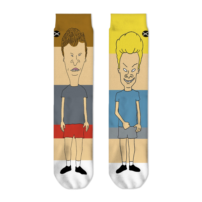 Front flat view of mismatched crew socks featuring Beavis on the right and Butthead on the left with color blocks.