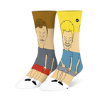 Side view of mismatched socks. One features Butthead on brown and red color blocks, the other Beavis on yellow and blue.