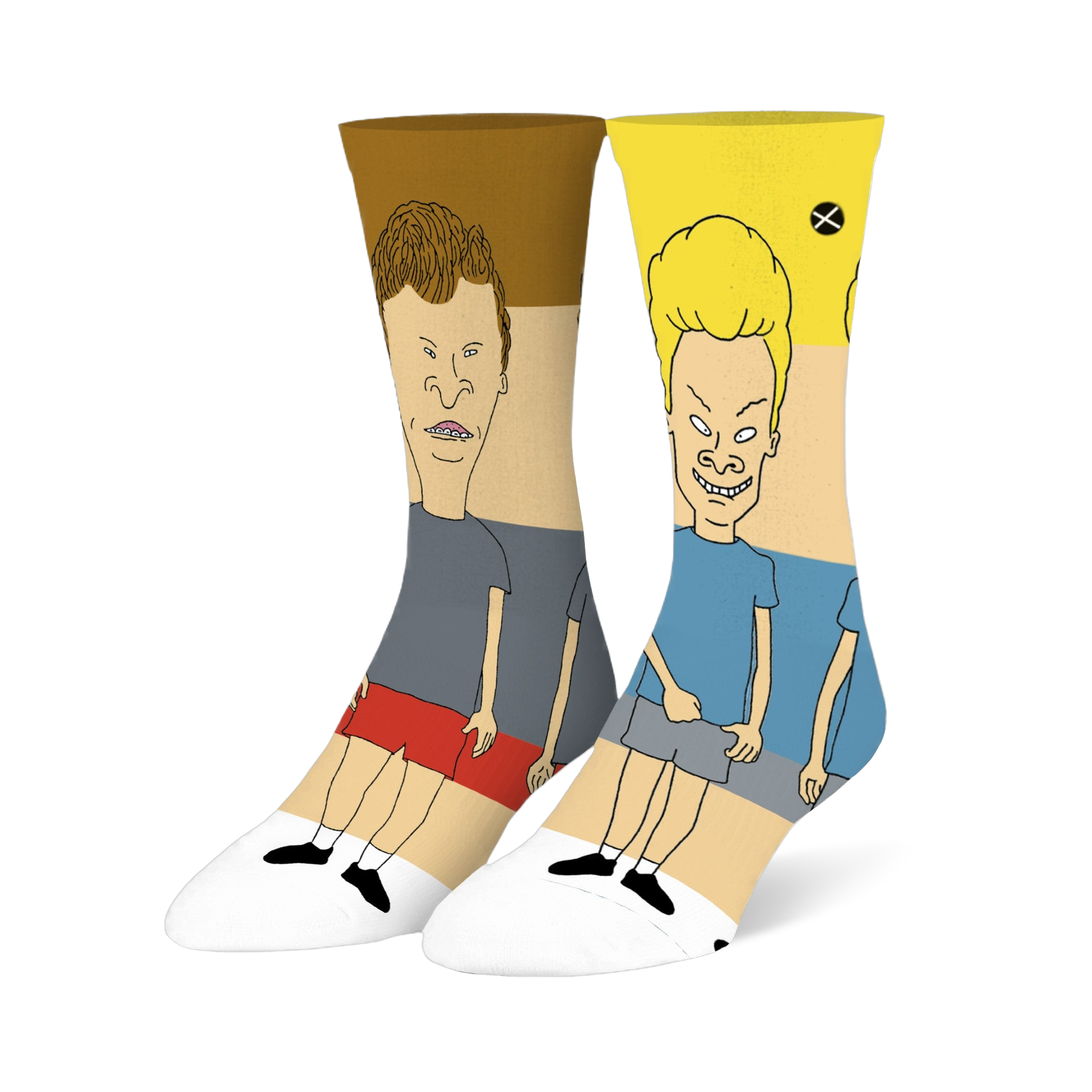 Side view of mismatched socks. One features Butthead on brown and red color blocks, the other Beavis on yellow and blue.