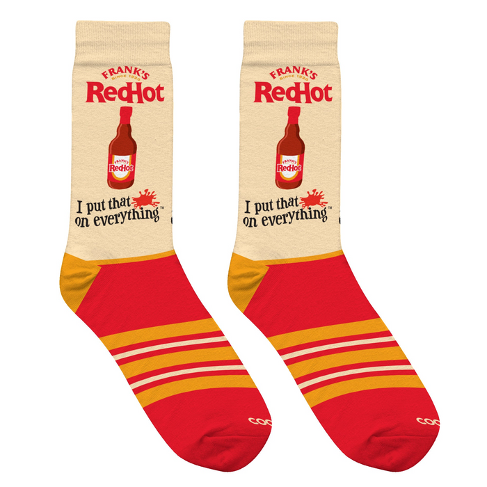 Flatlay product shot of a pair of Frank's RedHot socks showing full design detail.