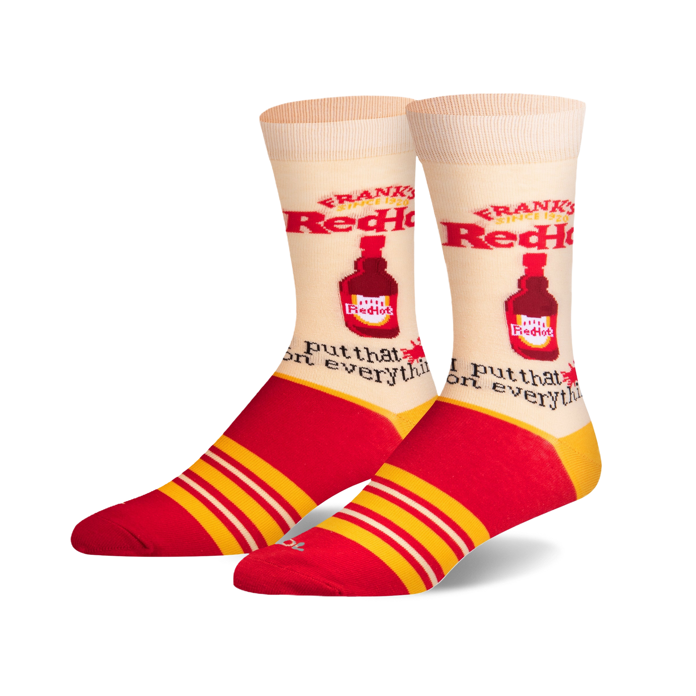 A pair of cream crew socks with red and yellow stripes. The socks feature a repeating image of Frank's RedHot sauce bottle and the phrase 'I put that on everything'.