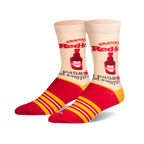 A pair of cream crew socks with red and yellow stripes. The socks feature a repeating image of Frank's RedHot sauce bottle and the phrase 'I put that on everything'.
