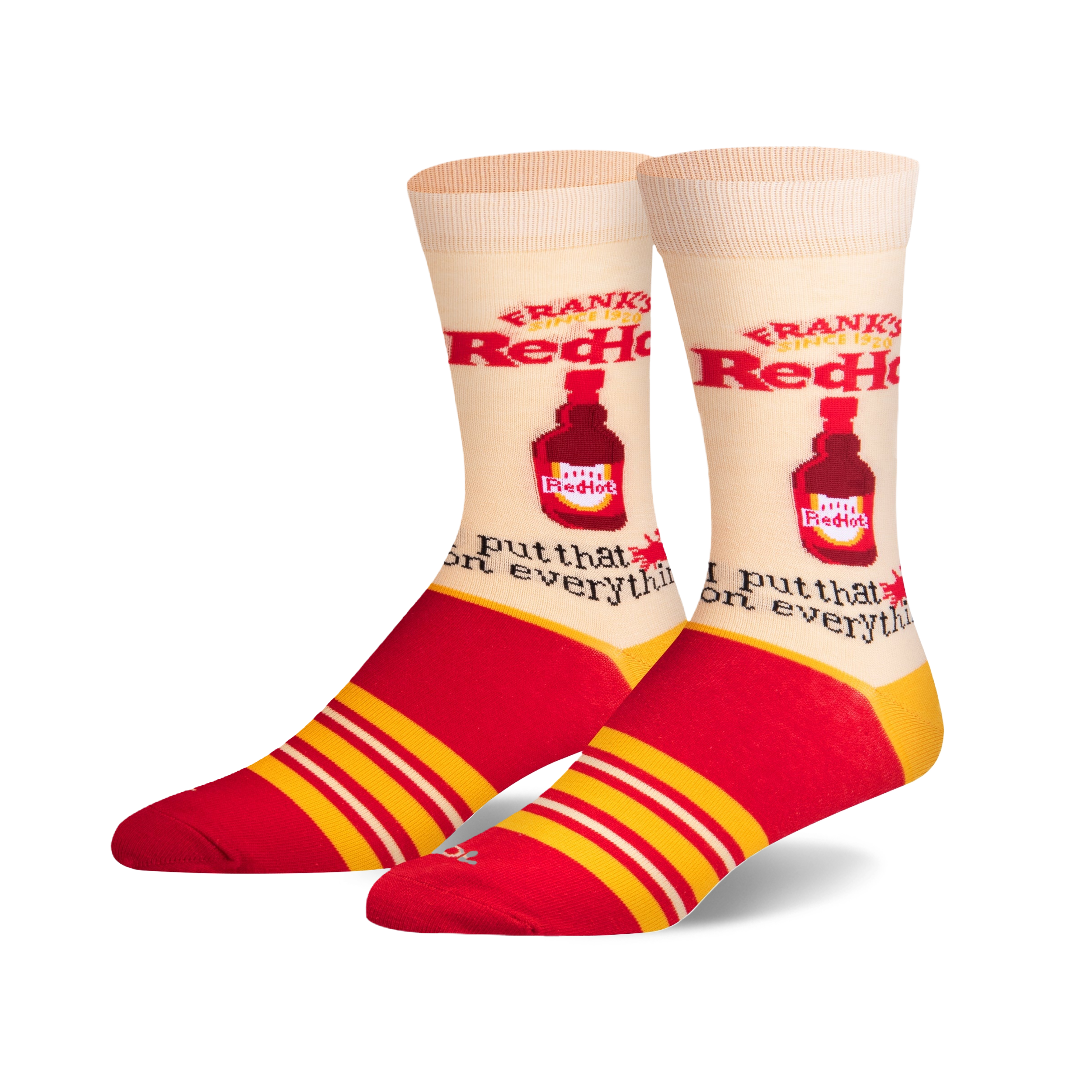 A pair of cream crew socks with red and yellow stripes. The socks feature a repeating image of Frank's RedHot sauce bottle and the phrase 'I put that on everything'.