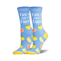 Pair of women's crew socks in light blue.  They feature lemons, oranges, and the phrase 'Fresh Out of Fucks'.