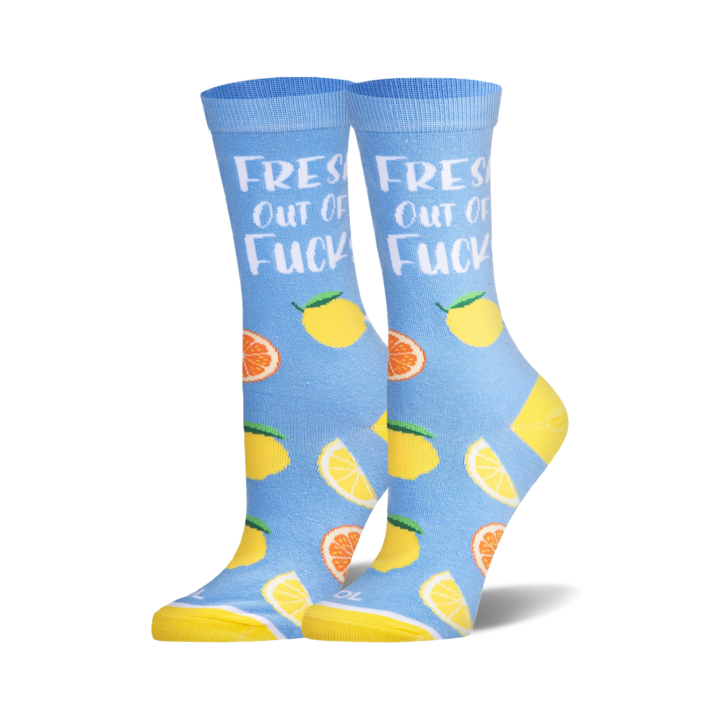 Pair of women's crew socks in light blue.  They feature lemons, oranges, and the phrase 'Fresh Out of Fucks'.