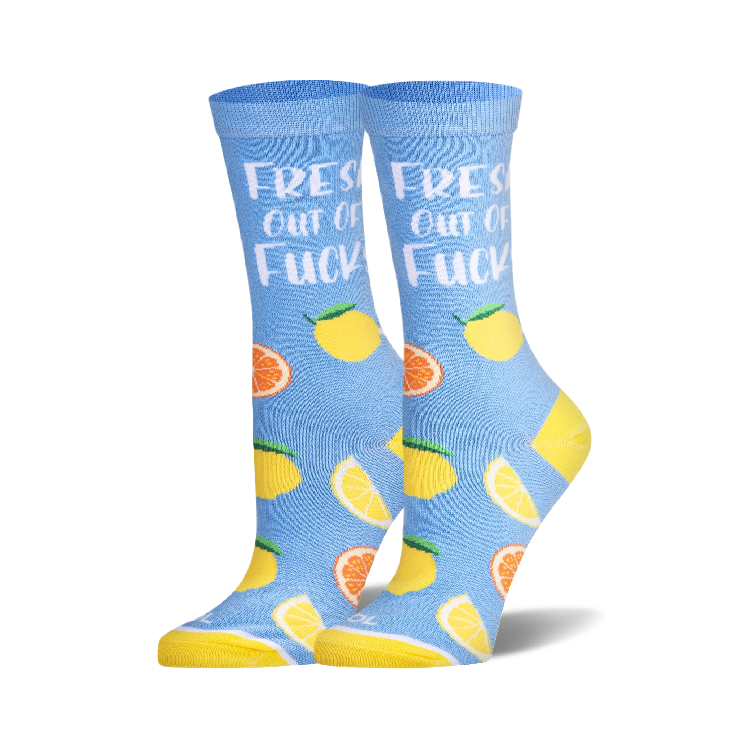 Pair of women's crew socks in light blue.  They feature lemons, oranges, and the phrase 'Fresh Out of Fucks'.