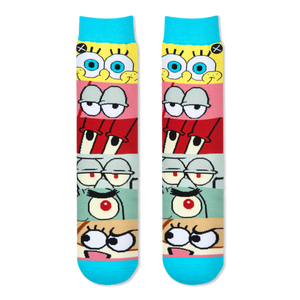Flat lay of two socks showing horizontal panels of SpongeBob, Patrick, Mr. Krabs, Squidward, Plankton, and Sandy's eyes.
