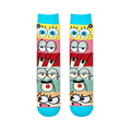 Flat lay of two socks showing horizontal panels of SpongeBob, Patrick, Mr. Krabs, Squidward, Plankton, and Sandy's eyes.