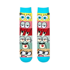 Flat lay of two socks showing horizontal panels of SpongeBob, Patrick, Mr. Krabs, Squidward, Plankton, and Sandy's eyes.
