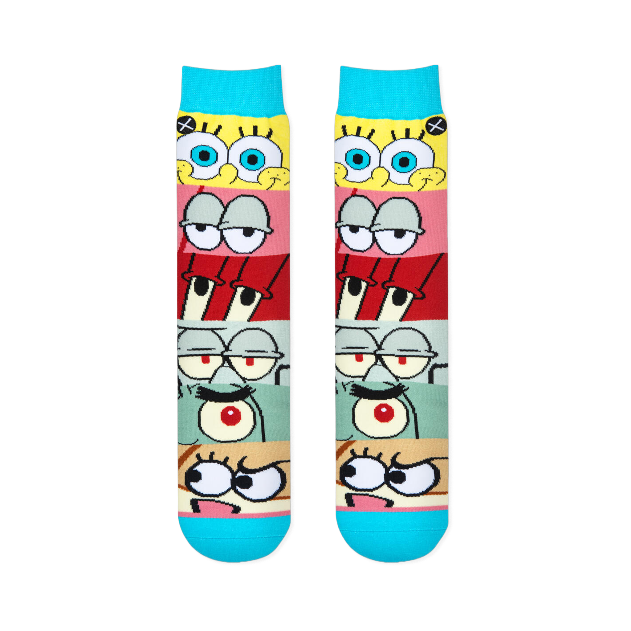 Flat lay of two socks showing horizontal panels of SpongeBob, Patrick, Mr. Krabs, Squidward, Plankton, and Sandy's eyes.
