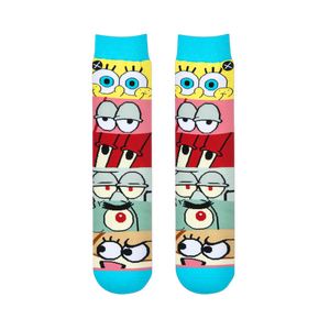 Flat lay of two socks showing horizontal panels of SpongeBob, Patrick, Mr. Krabs, Squidward, Plankton, and Sandy's eyes.