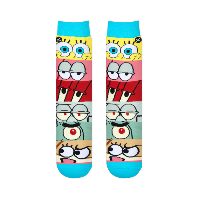 Flat lay of two socks showing horizontal panels of SpongeBob, Patrick, Mr. Krabs, Squidward, Plankton, and Sandy's eyes.