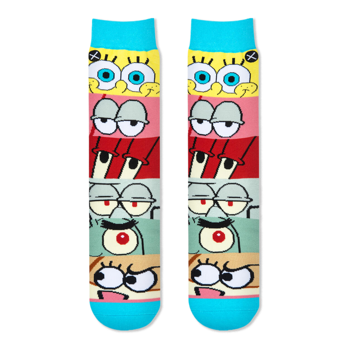 Flat lay of two socks showing horizontal panels of SpongeBob, Patrick, Mr. Krabs, Squidward, Plankton, and Sandy's eyes.