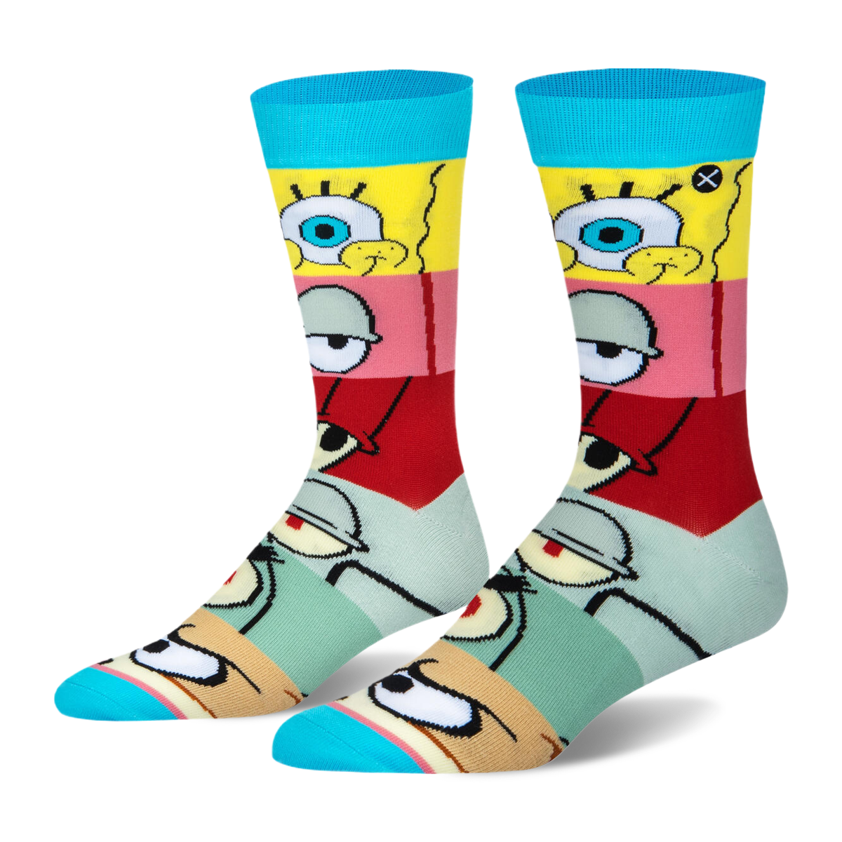 Crew socks with bright blue cuffs and toes. The body has horizontal stripes showing close-ups of SpongeBob character eyes.