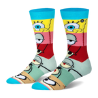 Crew socks with bright blue cuffs and toes. The body has horizontal stripes showing close-ups of SpongeBob character eyes.
