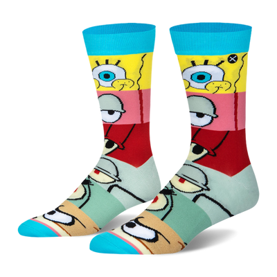 Crew socks with bright blue cuffs and toes. The body has horizontal stripes showing close-ups of SpongeBob character eyes.