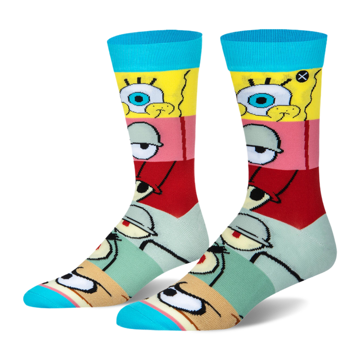Crew socks with bright blue cuffs and toes. The body has horizontal stripes showing close-ups of SpongeBob character eyes.