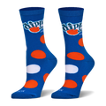 Bright blue crew socks with large orange and white polka dots and the classic Dippin' Dots ice cream logo below the cuff.