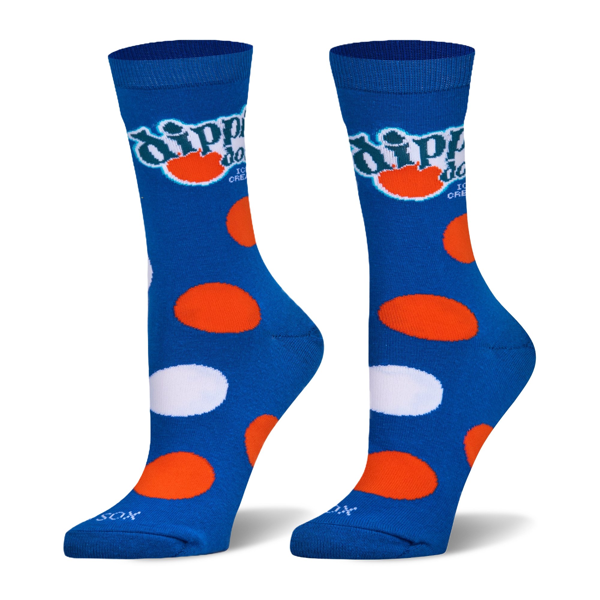 Bright blue crew socks with large orange and white polka dots and the classic Dippin' Dots ice cream logo below the cuff.