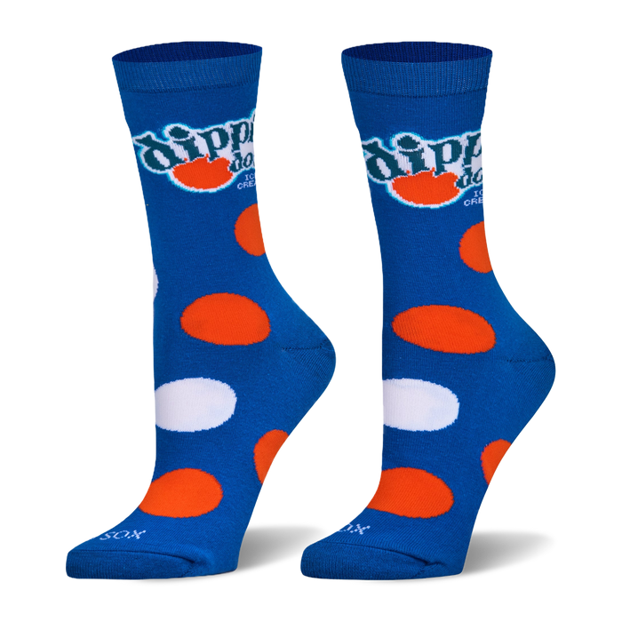 Bright blue crew socks with large orange and white polka dots and the classic Dippin' Dots ice cream logo below the cuff. }}
