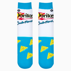 Lifestyle shot showing the Doritos Cool Ranch socks on a person's feet.