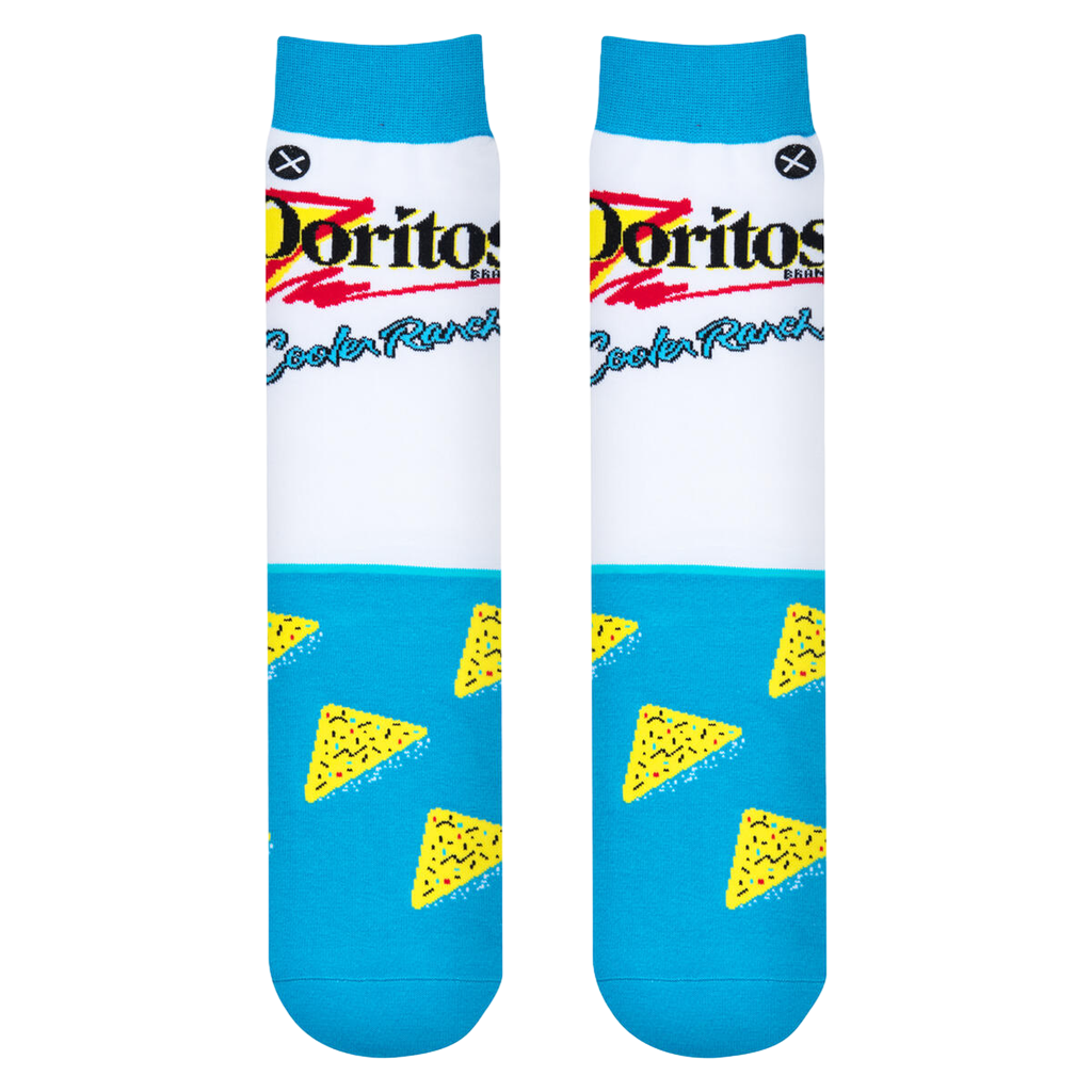 Lifestyle shot showing the Doritos Cool Ranch socks on a person's feet.