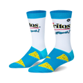 Pair of crew socks, white with blue accents. Features Doritos Cool Ranch logo and scattered chip designs.