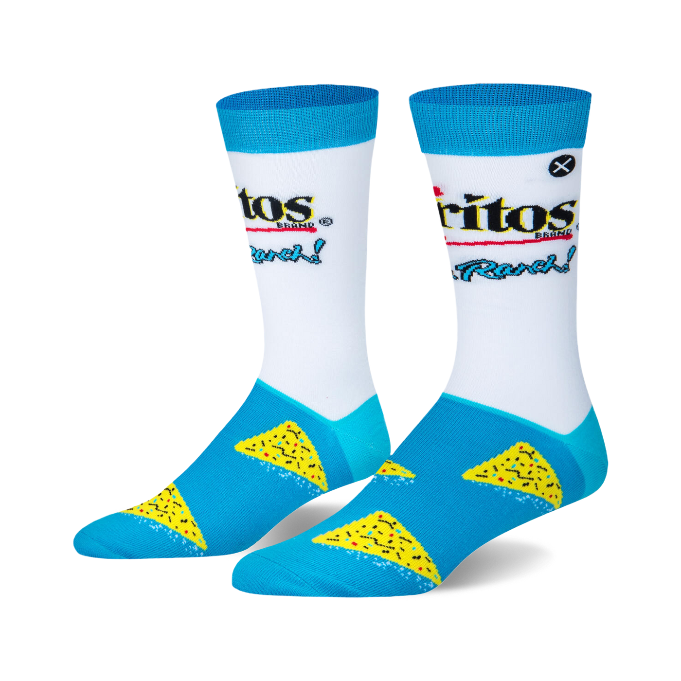 Pair of crew socks, white with blue accents. Features Doritos Cool Ranch logo and scattered chip designs.