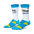 Pair of crew socks, white with blue accents. Features Doritos Cool Ranch logo and scattered chip designs.