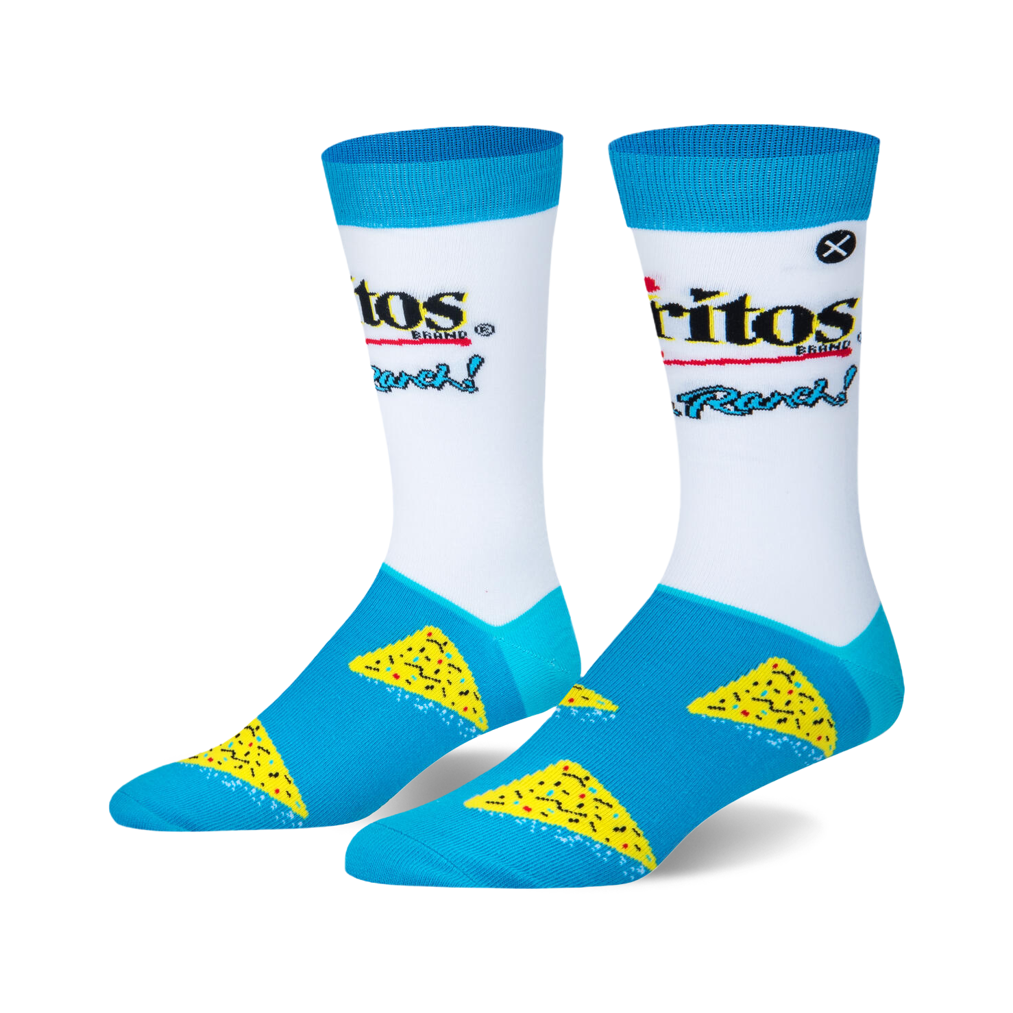 Pair of crew socks, white with blue accents. Features Doritos Cool Ranch logo and scattered chip designs.