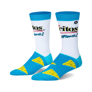 Pair of crew socks, white with blue accents. Features Doritos Cool Ranch logo and scattered chip designs.