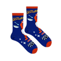 Flat lay of blue socks showing a cereal bowl, spoon, white sparkles, Frosted Flakes logo, and bright orange accents.
