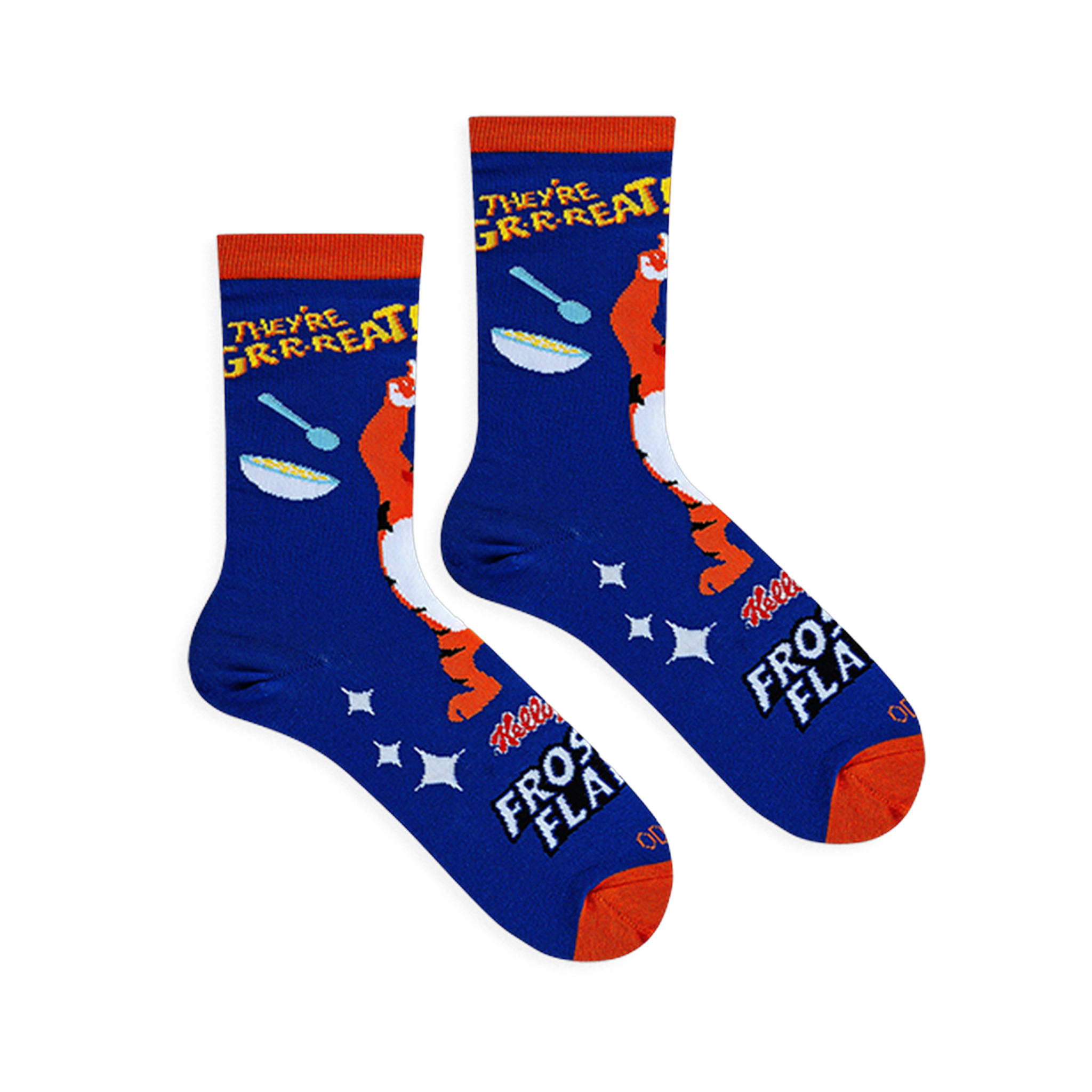 Flat lay of blue socks showing a cereal bowl, spoon, white sparkles, Frosted Flakes logo, and bright orange accents.