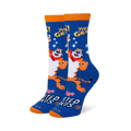 Blue crew socks featuring Tony the Tiger pointing at the yellow text THEY'RE GR-R-REAT! with an orange cuff and matching toe.