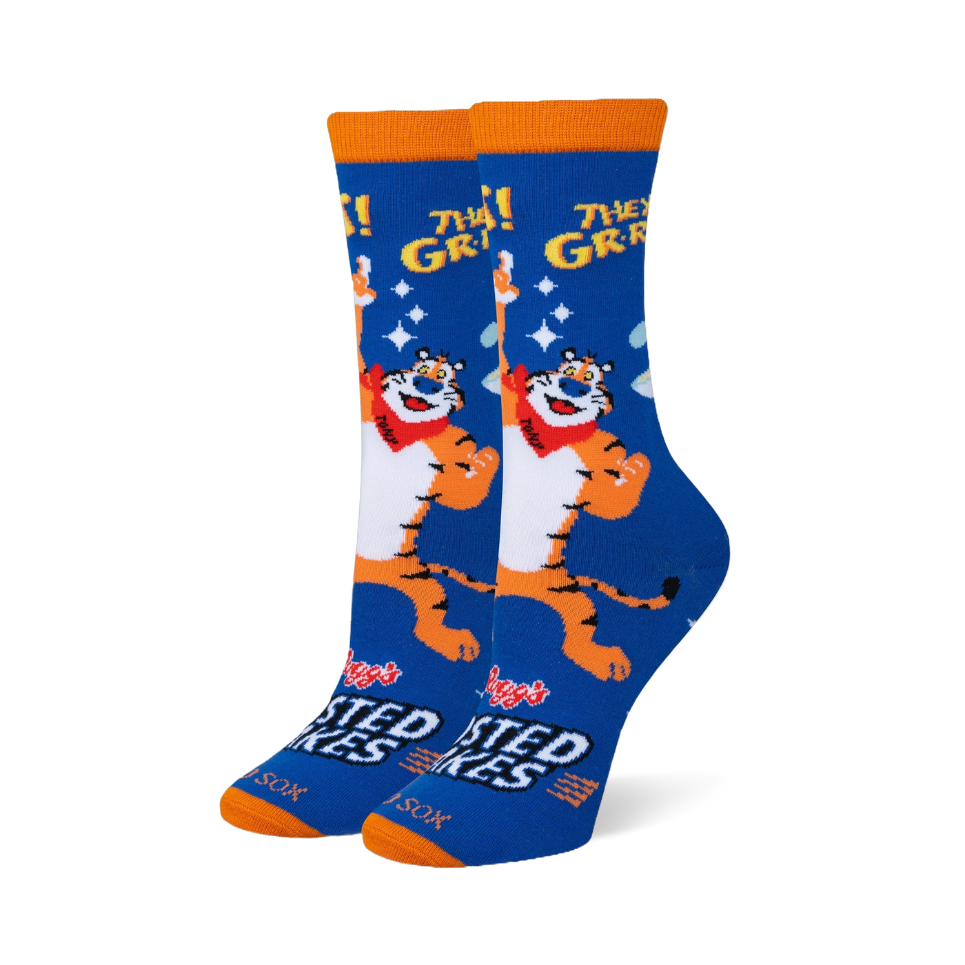 Blue crew socks featuring Tony the Tiger pointing at the yellow text THEY'RE GR-R-REAT! with an orange cuff and matching toe.