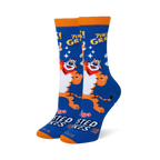 Blue crew socks featuring Tony the Tiger pointing at the yellow text THEY'RE GR-R-REAT! with an orange cuff and matching toe.