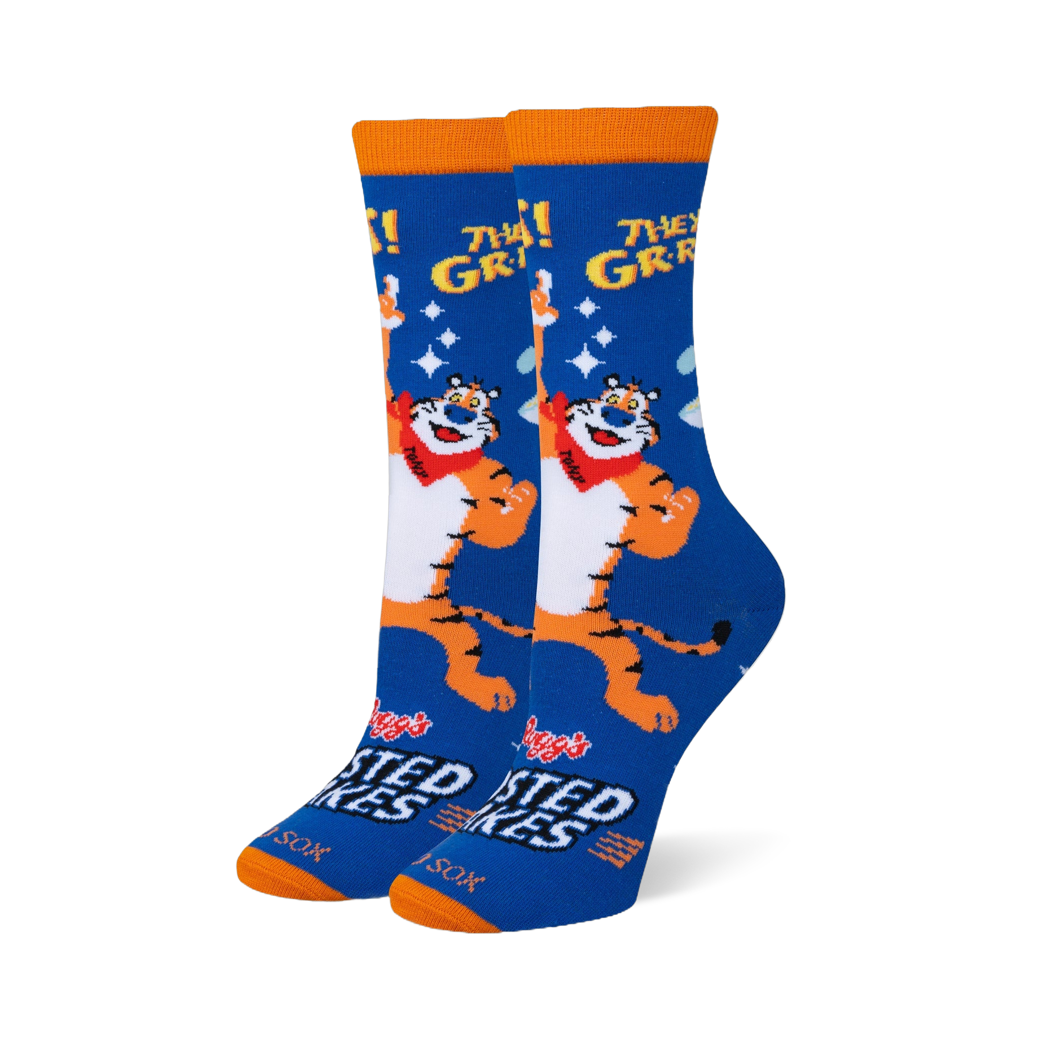 Blue crew socks featuring Tony the Tiger pointing at the yellow text THEY'RE GR-R-REAT! with an orange cuff and matching toe.