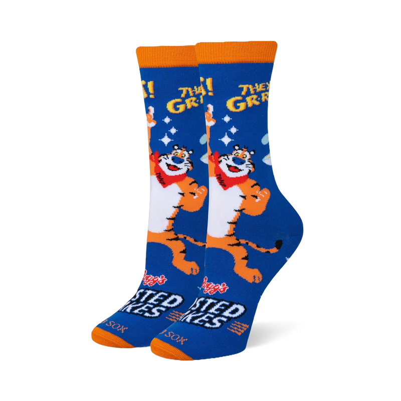 Blue crew socks featuring Tony the Tiger pointing at the yellow text THEY'RE GR-R-REAT! with an orange cuff and matching toe.