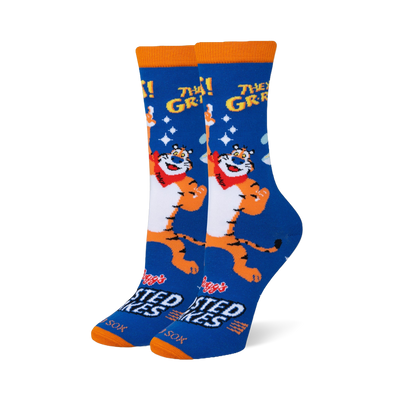 Blue crew socks featuring Tony the Tiger pointing at the yellow text THEY'RE GR-R-REAT! with an orange cuff and matching toe.