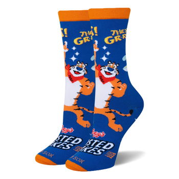 Blue crew socks featuring Tony the Tiger pointing at the yellow text THEY'RE GR-R-REAT! with an orange cuff and matching toe.
