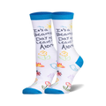Pair of white crew socks with a teal cuff. Features a child's drawing of flowers, birds, butterflies and the phrase 'It's a beautiful day to leave me alone'.