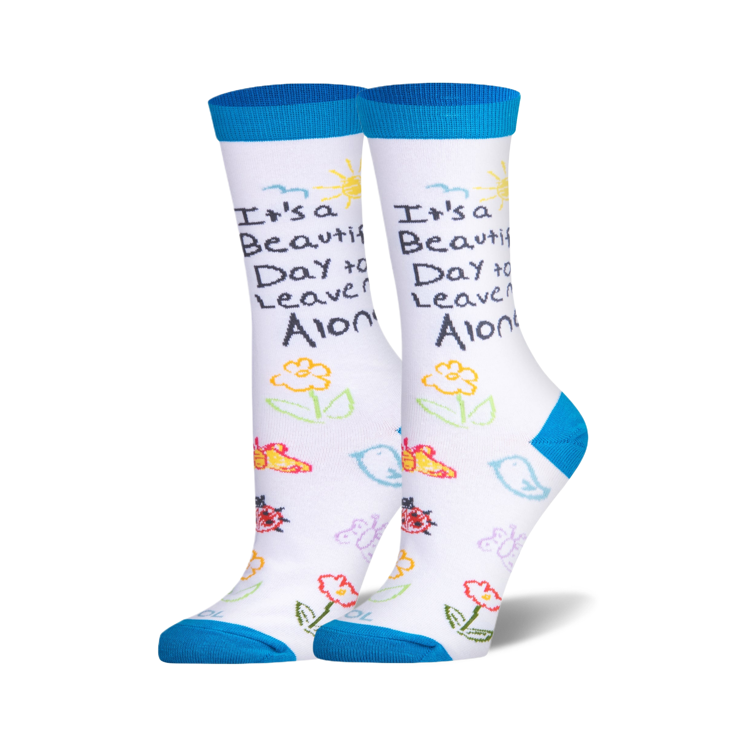 Pair of white crew socks with a teal cuff. Features a child's drawing of flowers, birds, butterflies and the phrase 'It's a beautiful day to leave me alone'.