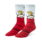 Crew socks featuring Snoopy sleeping on a red doghouse roof with Woodstock sitting on his belly against a light blue sky.