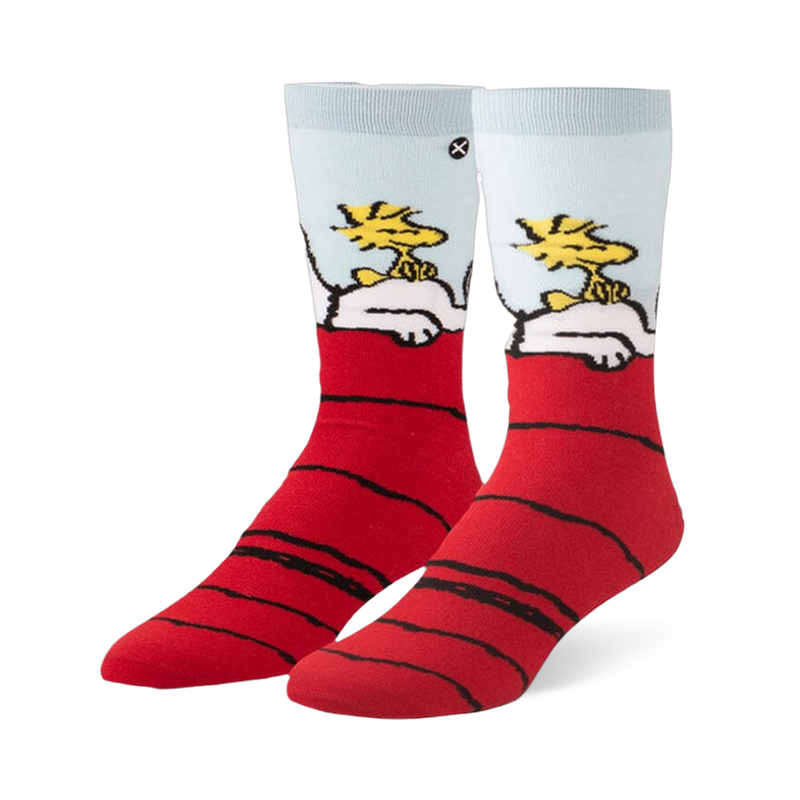 Crew socks featuring Snoopy sleeping on a red doghouse roof with Woodstock sitting on his belly against a light blue sky.