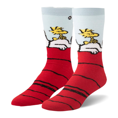 Crew socks featuring Snoopy sleeping on a red doghouse roof with Woodstock sitting on his belly against a light blue sky.